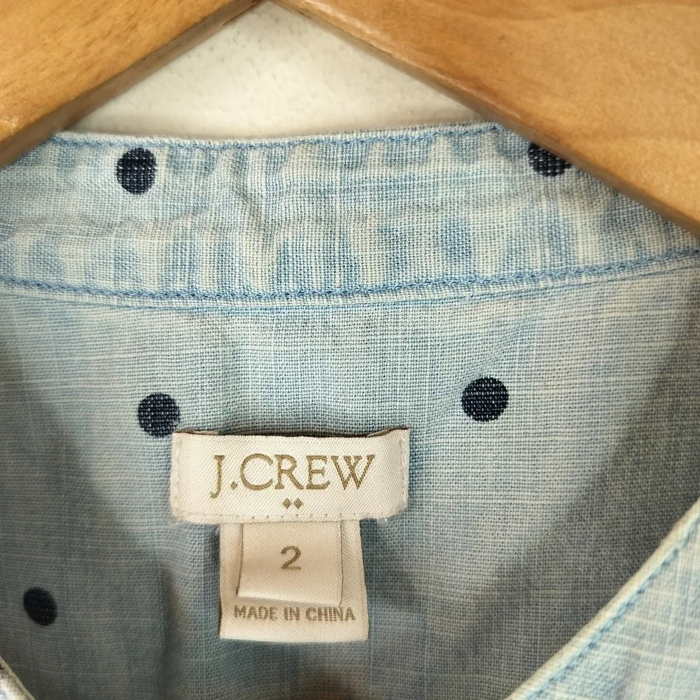 J.Crew Sleeveless Button Up Shirt 2 Womens Polka Dot Chambray Denim Blue